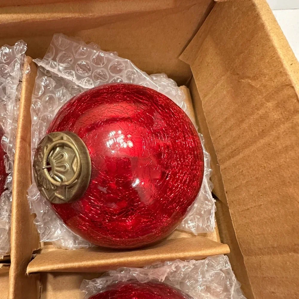 Restoration‎ Hardware Red Crackle Glass Christmas Ornaments Set of 6 Brass Top